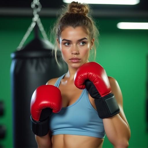 Photograph of a young woman in a gym. Light brown hair in a messy bun. Wearing light blue sports bra and red boxing gloves with black wrist straps. Expression is focused and determined. Right arm bent at elbow. Background slightly blurred with green wall and black punching bag. Artificial lighting with bright overhead lights. Medium close-up shot at a low angle. High aesthetic quality.
