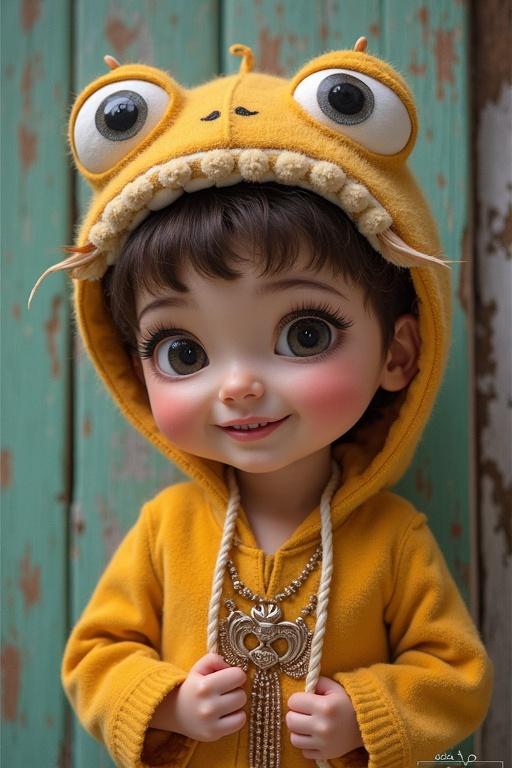 A cute doll wearing a yellow hoodie with eyes. The doll has big expressive eyes. The background is vintage wooden. The atmosphere is playful and lighthearted.