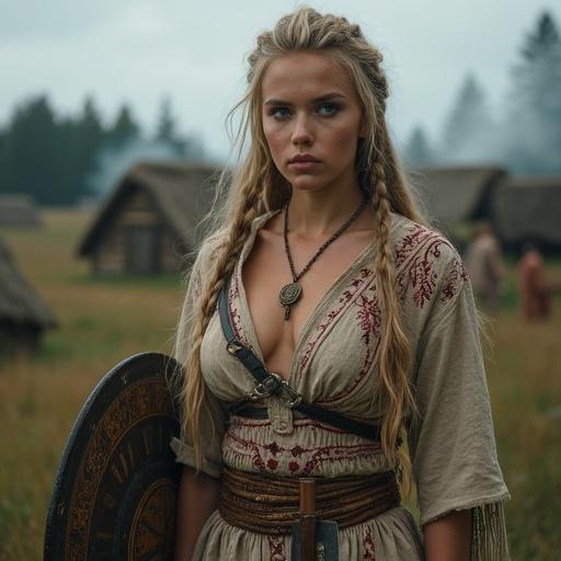 Portrait of a young female Slavic warrior standing in a historic village. Features intricate and traditional attire. Braided hair with beads and feathers. Holds shield and axe, displayed in a confident stance. Background includes wooden houses and dense forest. Captured in ultra-high resolution, photorealistic detail.