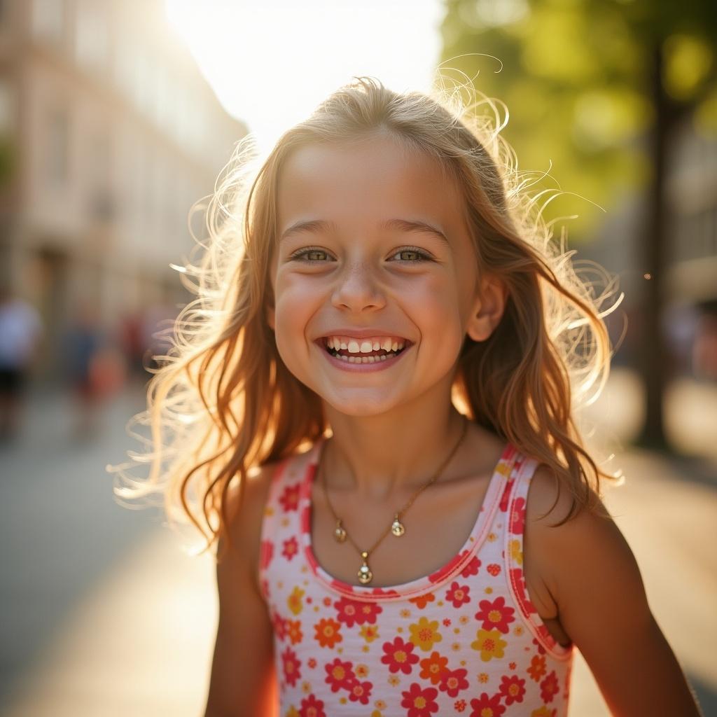 Joyful girl with a big smile in a sunlit street. Soft hair flowing in the breeze. Happy expression showing teeth. Floral-patterned shirt. Background blurred with sunshine and trees.