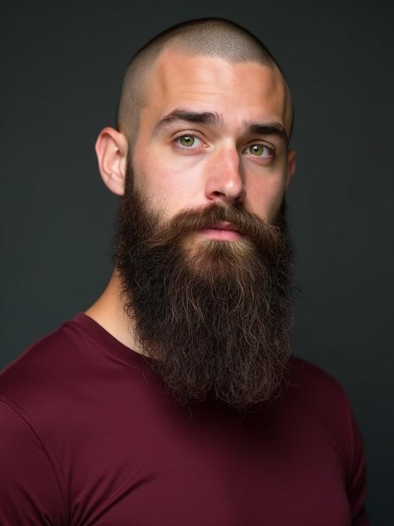 portrait of a young man with green eyes and a long beard wearing a maroon t-shirt and a shy smile, shaved head, muscular build