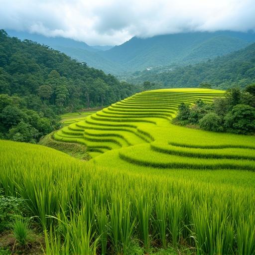 Terraced rice fields located in Indonesia. Lush green terraces on rolling hills. Surrounding mountains visible in the background under a cloudy sky. Natural beauty of the landscape highlighted. Agricultural practices shown through rice cultivation.