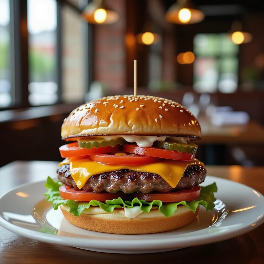 Realistic image of a cheeseburger in a high-end restaurant setting with a focus on the food.