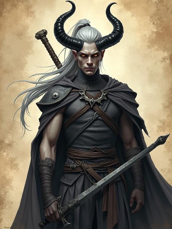 Digital art inspired by comic book aesthetics. A tall male tiefling with ash-gray skin, glowing amber eyes, and long silver hair tied in a ponytail. He has sleek black curved horns and scars on his cheekbones. Dressed in chainmail and platte pants, holding a long sword. Background resembles ancient parchment. Non-photorealistic style with matte shading.