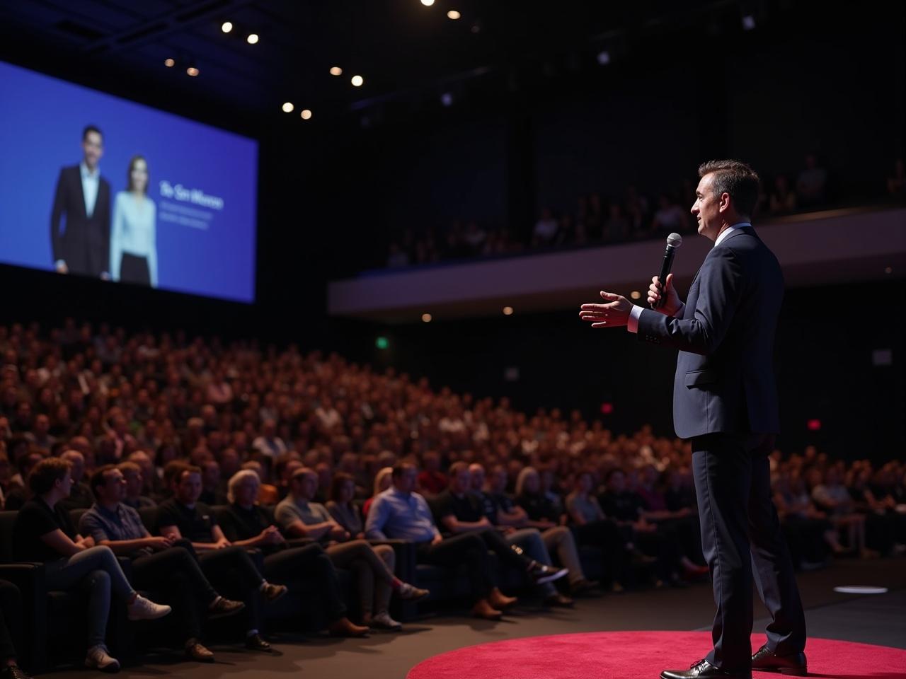 Create an image of a person giving a keynote speech on a stage. The setting is a large auditorium filled with an attentive audience. The speaker is dressed in a professional outfit, confidently addressing the crowd with a microphone. Bright stage lights illuminate the speaker, highlighting their expressions and gestures. A large screen in the background displays a presentation relevant to the topic being discussed.