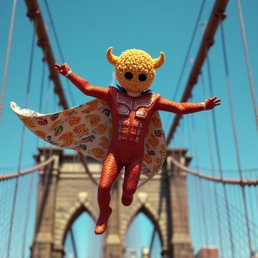 Hero-like figure flies over Brooklyn Bridge. Colorful patterned suit and horned helmet made of puffed cereal. Arms wide and cape billowing. Bright blue sky and towering buildings enhance whimsical flight.