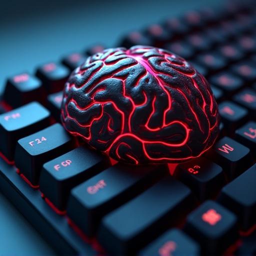 A standard mechanical keyboard viewed from above. Keycaps form a 3D shape resembling a human brain. Shadows define folds and lobes. Cool tech color tones. Sharp lighting. Layout is hyper-organized.