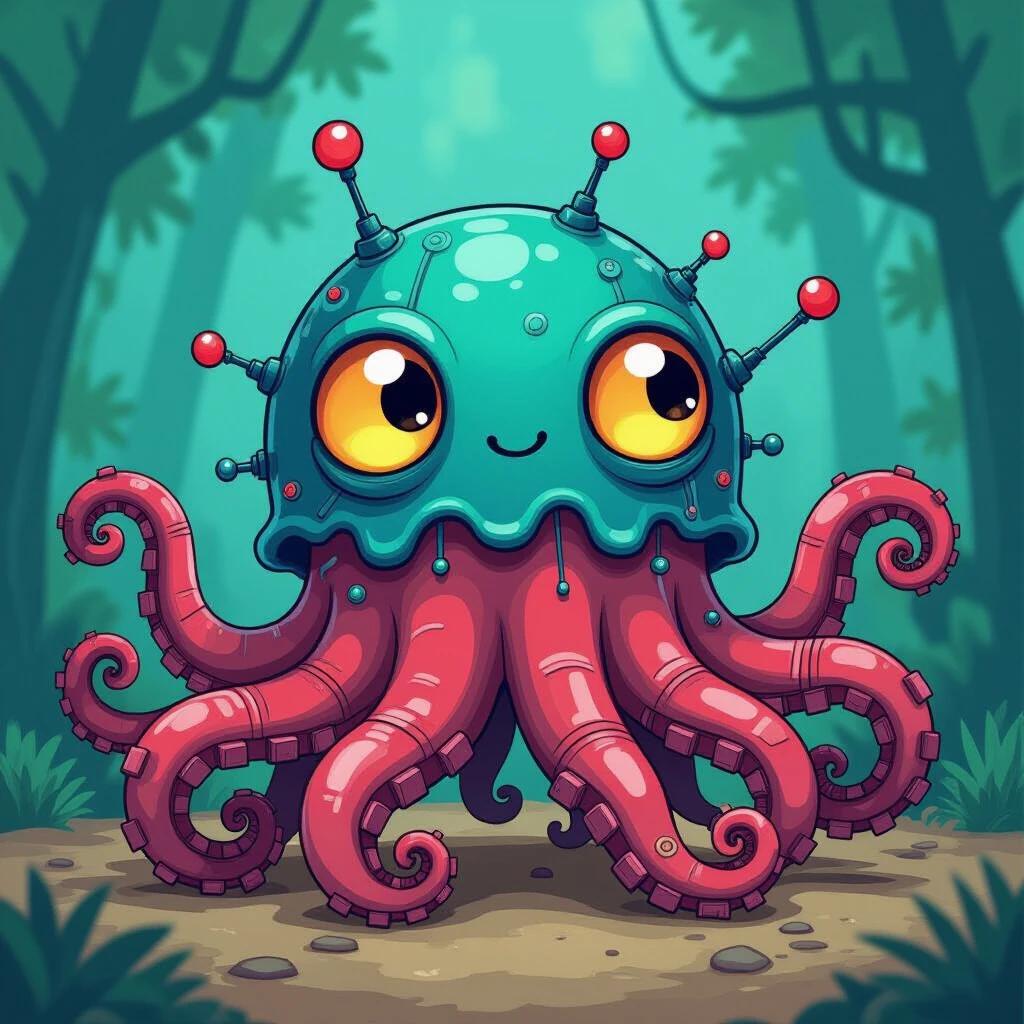A playful cartoon-style octopus-like creature with tentacles made of circuits is present. The creature has a bright turquoise body and a happy face with large yellow eyes. Tentacles are vivid pink and stylized.