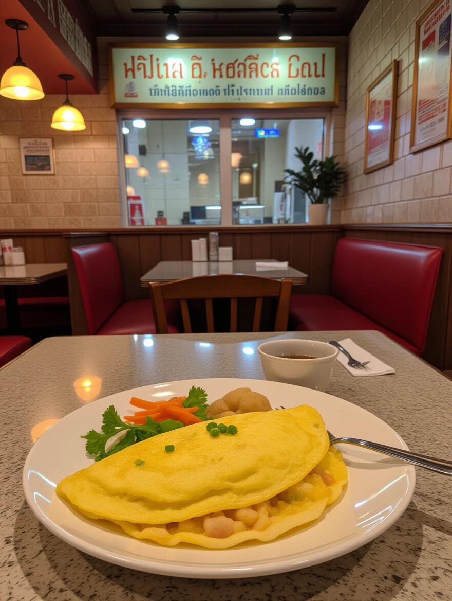 Background features a rundown Thai restaurant. A delicious crab omelette is served on a table.