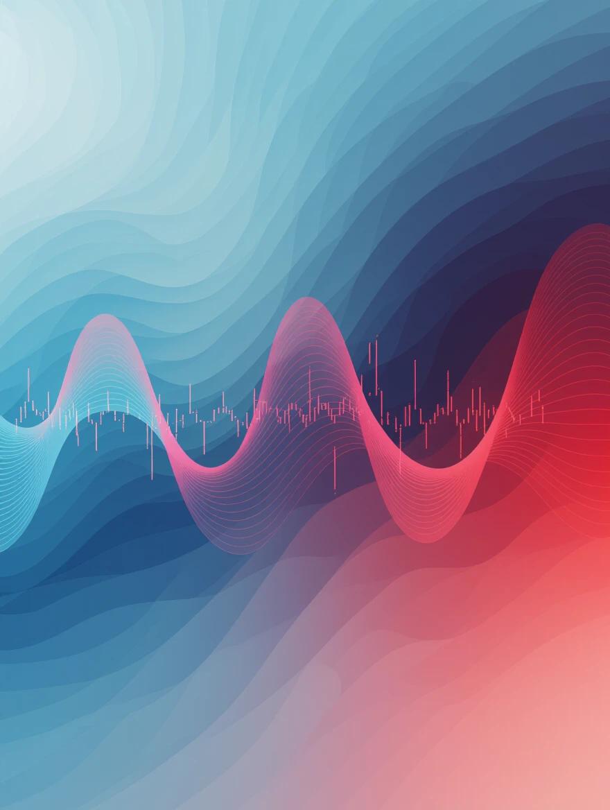 Abstract digital signal representation. Background features a gradient of mild blue and red. Wave patterns visually depict sound waves in an artistic manner.