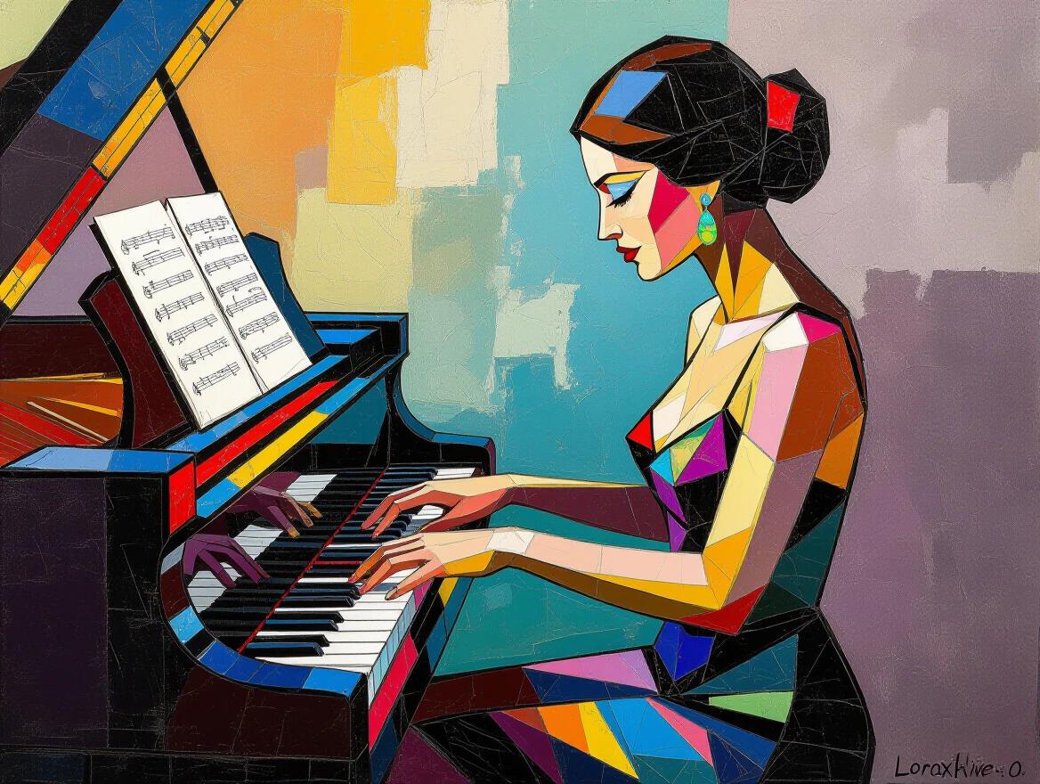 Abstract artwork featuring a woman playing piano. The composition shows vibrant colors and expressive strokes. The woman has elegant fingers and an artistic posture. A modern interpretation using impasto techniques. Mosaic style incorporates iridescent elements. Bold and emotive style inspired by famous painters.