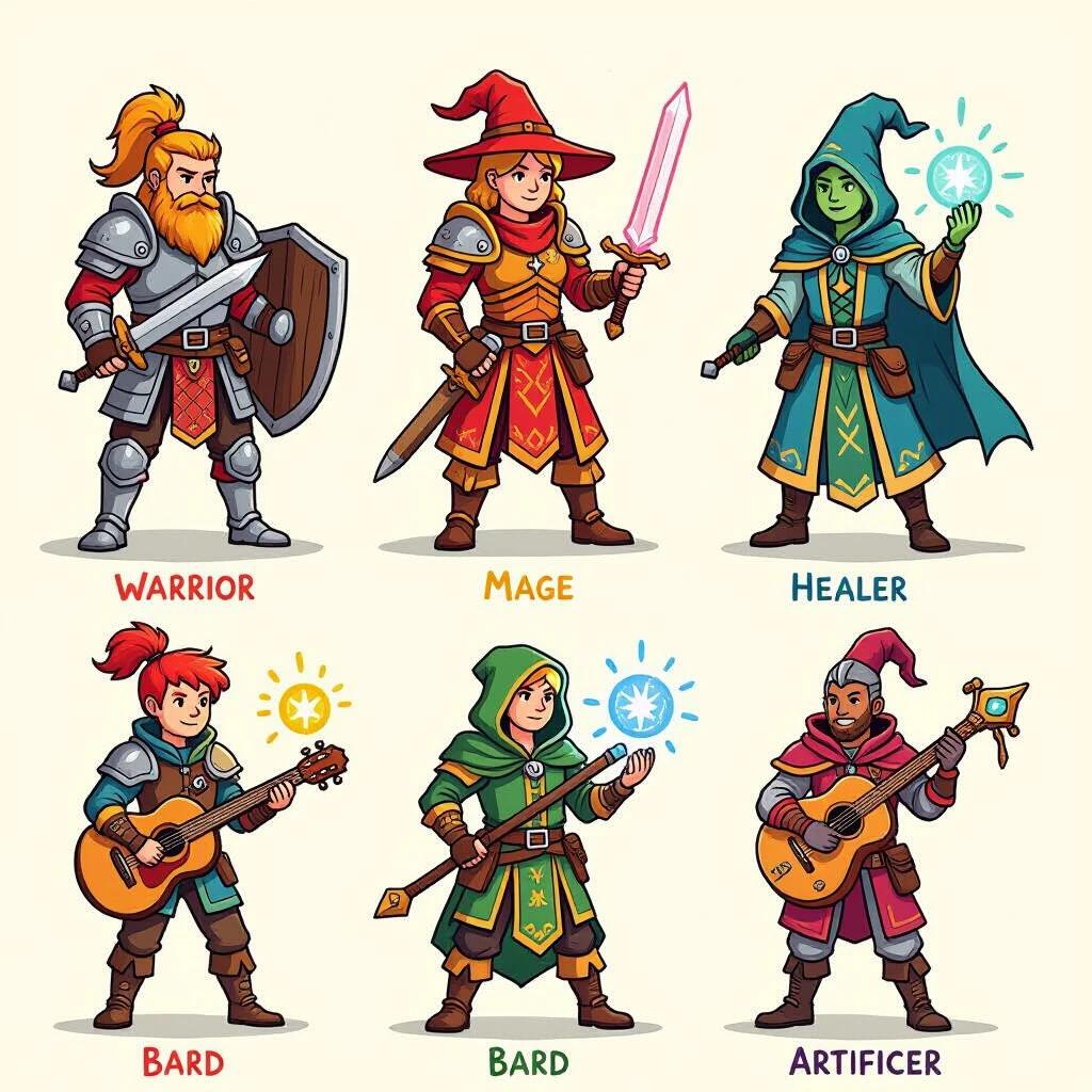 Image of RPG character classes designed in wax crayon style. Characters include a warrior, mage, healer, bard, and artificer. Each character is vibrant and colorful showing different classes and abilities. The textures and lines simulate drawings made with crayons.