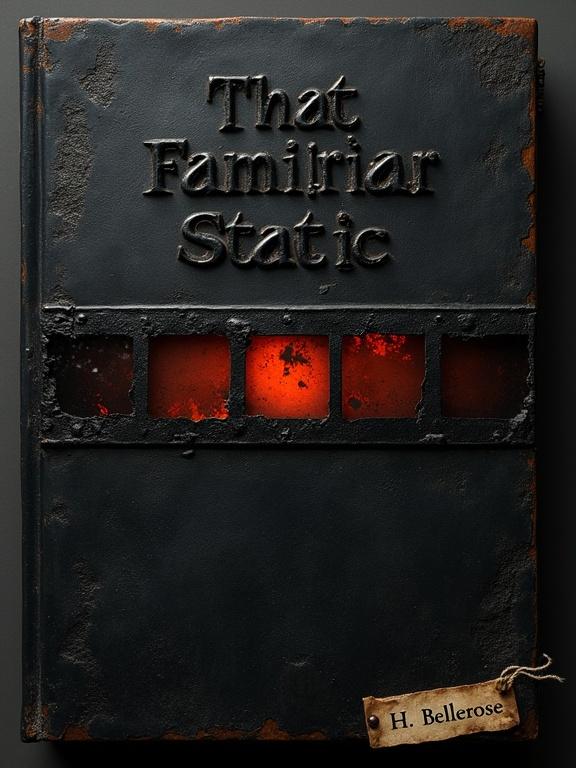 Dark minimalist book cover with a textured black background and damaged film negative strip. Dim red-orange glow behind one frame. Distressed black metal plaque with title embossed in serif lettering. Worn parchment-like nameplate reading 'H. Bellerose' in bottom right corner. Moody and cinematic tone with heavy shadows. Emphasis on textures like corrosion and scratches.