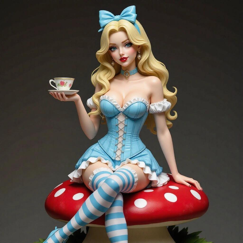 Ultra-detailed resin statue of a stylized blonde woman. Realistic proportions, slender figure, mischievous expression. Sits cross-legged on red mushroom with white dots. Wears light blue corset dress with ruffled skirt. Blue bow on head, long wavy hair, striped thigh-high stockings. Holds teacup in one hand. Small twisted tree behind with Cheshire Cat on branch. Poker cards stuck in tree trunk. Magical details around base: pocket watch, teacups, flower petals. Full of fantasy and charm.