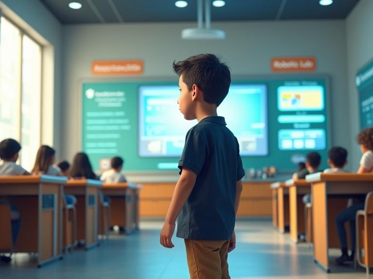 Realistic Egyptian schoolboy wearing dark blue shirt and brown pants enters a futuristic classroom. Classroom inspired by Silicon Valley with natural light, smart boards, tables with tablets, and banners saying Welcome to Robotics Lab. Student looks amazed at smart screens lighting up.