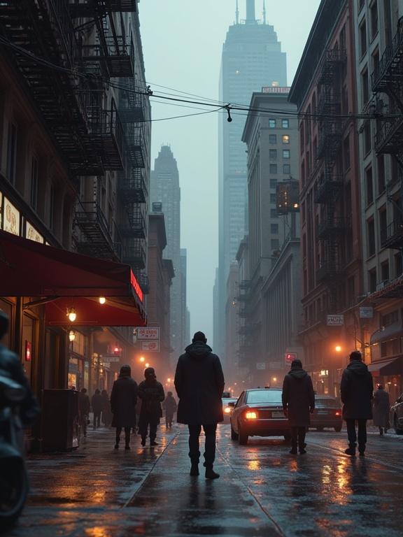 Photorealistic image of a modern day street in New York City. Wet pavement reflecting city lights and silhouettes of pedestrians against tall buildings. A taxi cab driving by. Lively, urban environment