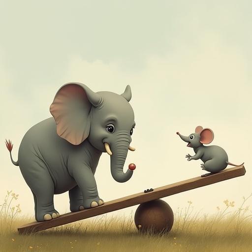 A playful elephant and a small mouse are on opposite sides of a seesaw. The elephant balances on one side while the mouse leans toward the elephant. The setting has soft colors and a gentle background.