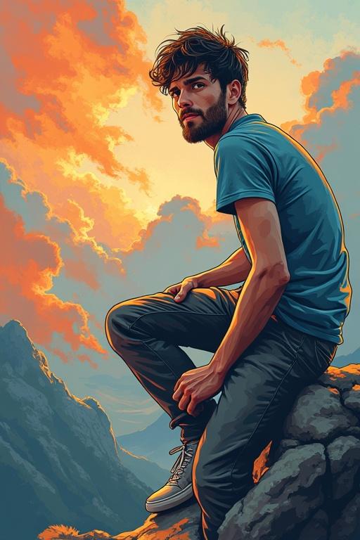 Creative image of a young man sitting on a rock during sunset. The sky is filled with orange and blue colors. The young man has a fashionable appearance, wearing casual clothes and looking thoughtfully into the distance. The scenery includes mountains in the background.