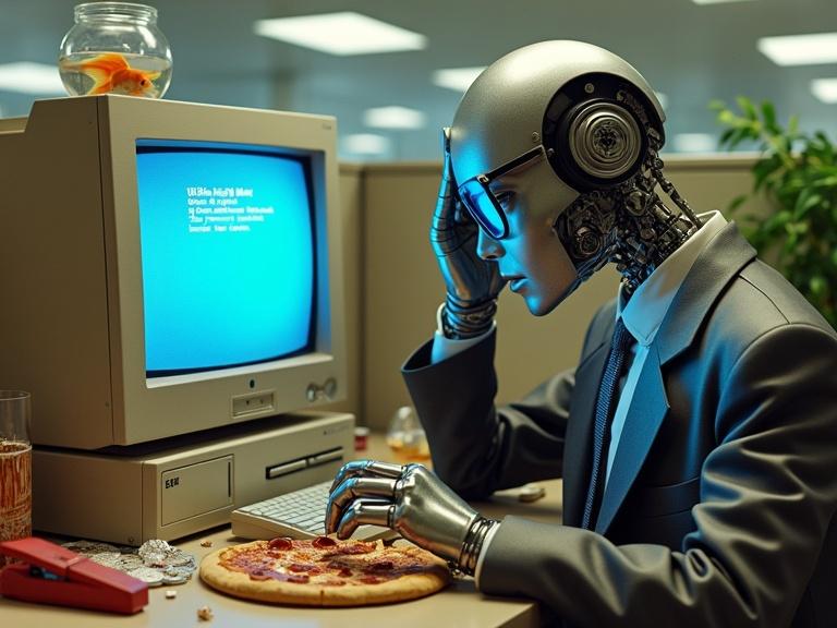 A retro-futuristic robot sits at a messy office desk. The desktop PC displays a blue screen error. Half-eaten pizza and soda cans clutter the desk. A fishbowl with a goldfish rests on the monitor. The robot wears glasses and a rumpled suit, showing emotion. The lighting is harsh fluorescent.