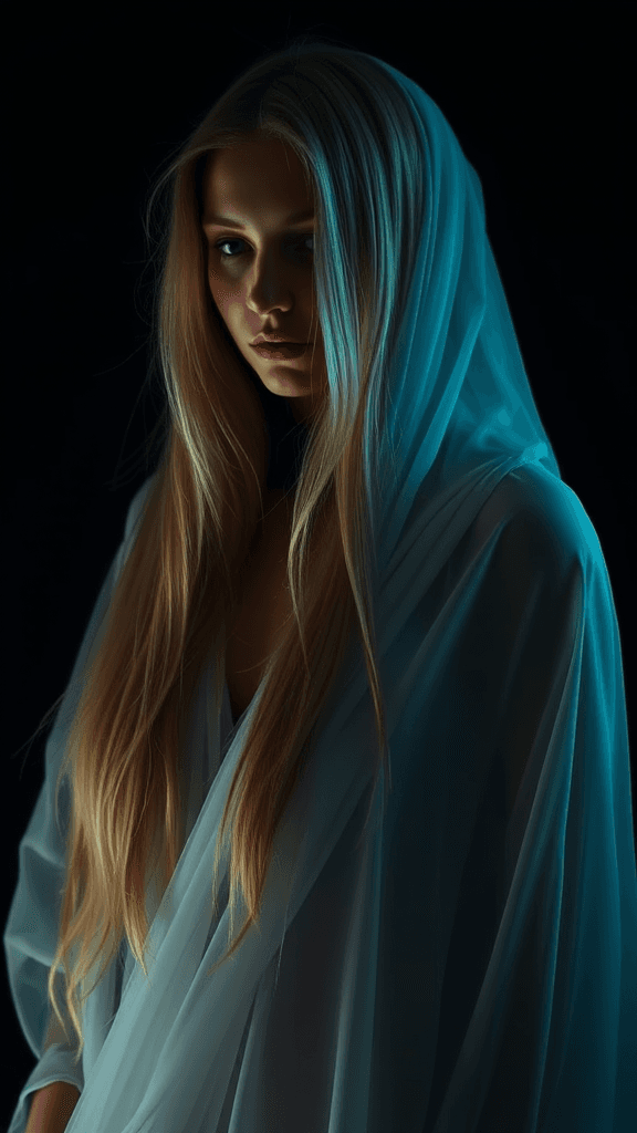 A woman with long blonde hair is shrouded in a sheer blue fabric against a dark background.