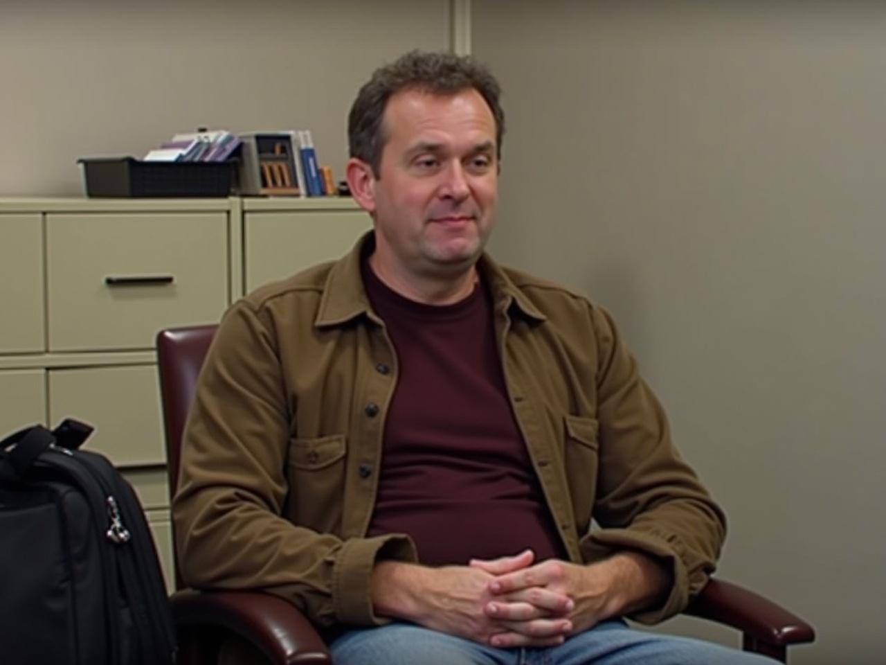 The image depicts a man sitting in a chair. He appears to be casually dressed, wearing a brown jacket over a maroon shirt. He has short hair and is looking slightly to the side with a serious expression. On the side, there is a black bag resting on the seat next to him. Behind him, there are filing cabinets with visible folders and paperwork inside. The room looks like an office setting with a neutral-colored wall.