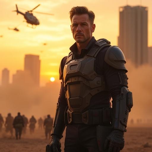 Powerful man standing confidently in a cinematic scene. Half body is high-tech military armor. Other half is sharp business suit. Determined gaze facing forward. Diverse team of elite soldiers and corporate strategists around him. Background includes helicopters at sunset. Tactical vehicles moving through dust. Skyscrapers partially engulfed in chaos. Hard directional lighting from sunset. Shallow depth of field. Main character positioned in rule of thirds. Cinematic style with high contrast effect.