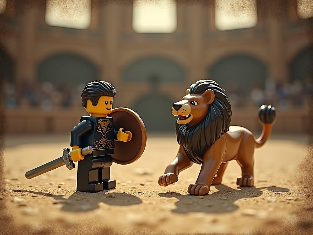 The image depicts a playful scene of a LEGO-style gladiator facing a lion. The setting resembles an ancient arena, with the figures made entirely of LEGO bricks. The gladiator holds a shield and sword, while the lion stands ready across from him, both exuding a sense of adventure and playfulness.