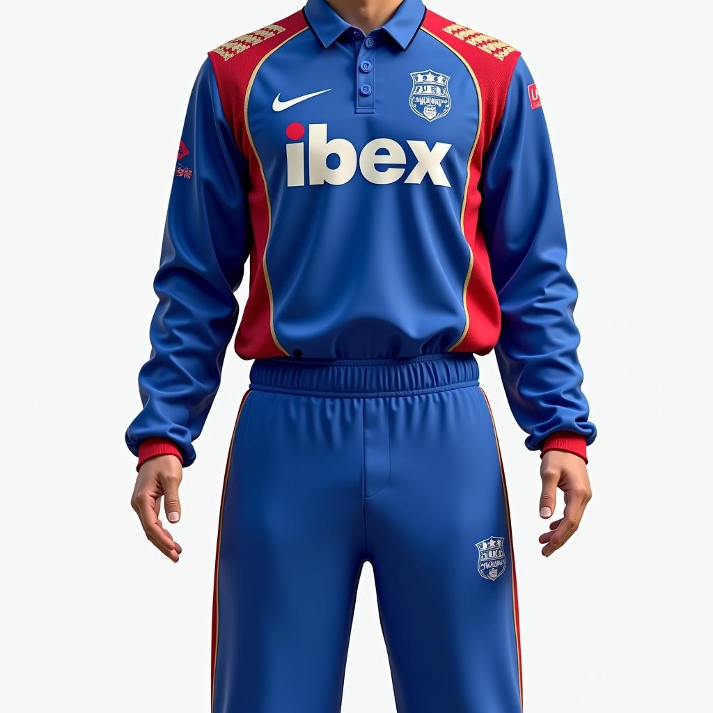 Cricket pant designed with professional sporty look. Royal blue and red colors with white and gold accents. Small ibex logo on stomach area. Bitlockers on chest in stylish typography. Subtle cricket-themed patterns on sleeves and shoulders.