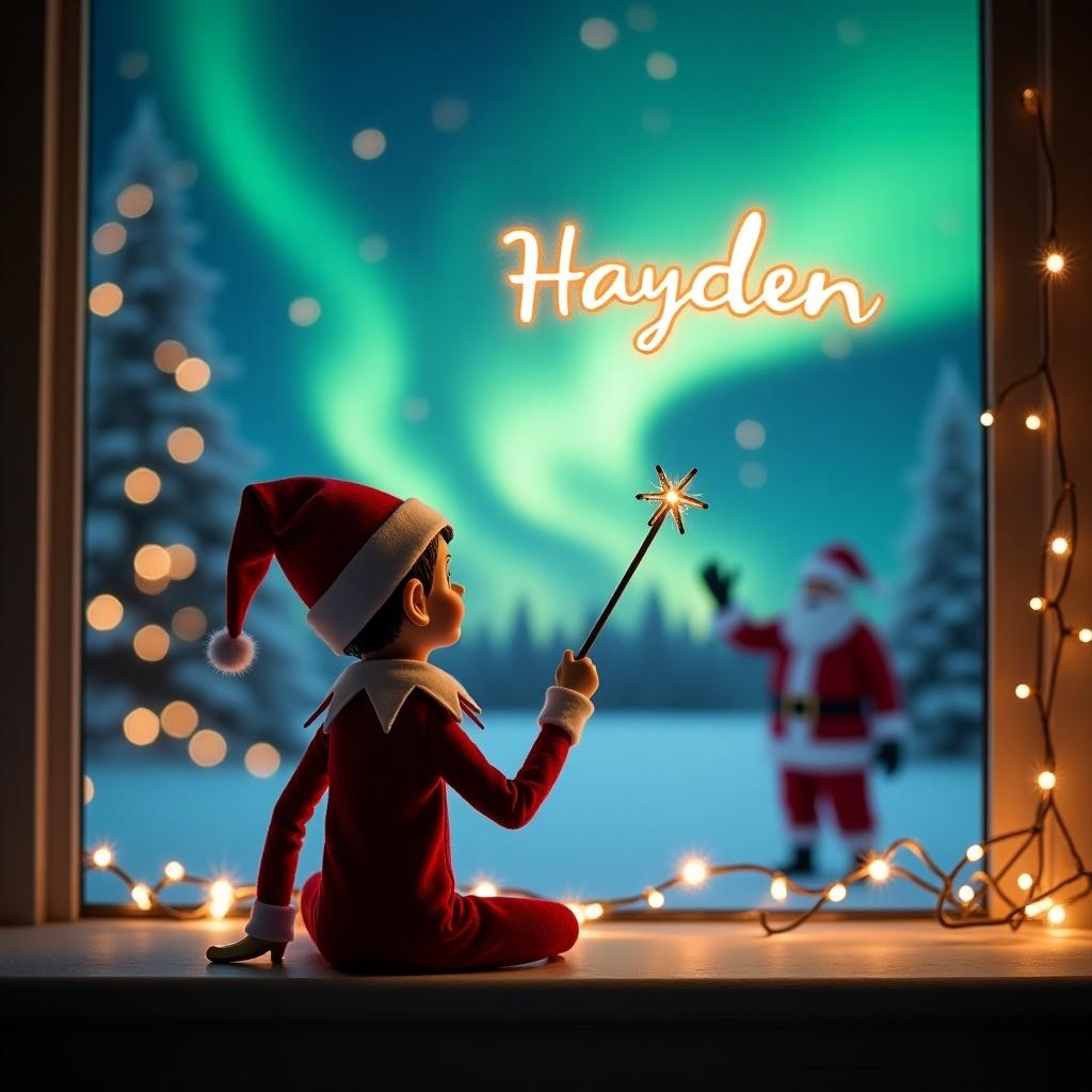 Elf character holding a wand. Elf gazes at northern lights. Santa Claus appears in the distance. Soft lights illuminate the scene. Creating the word 'Hayden' in the air with the wand.