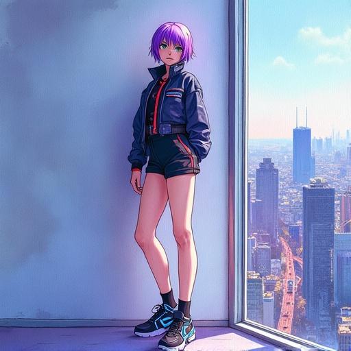 Watercolor painting depicting a young woman with short violet hair. She has a slim muscular body. Wearing a short synthetic cyberpunk jacket with a high collar. Sporty shorts and high platform sneakers with a glowing LED stripe. Knee socks. Stands with legs crossed and arms behind her back. Leaning on a wall-size window with a city view from a high floor. Looking directly at the camera. Created in the style of Yuumei.