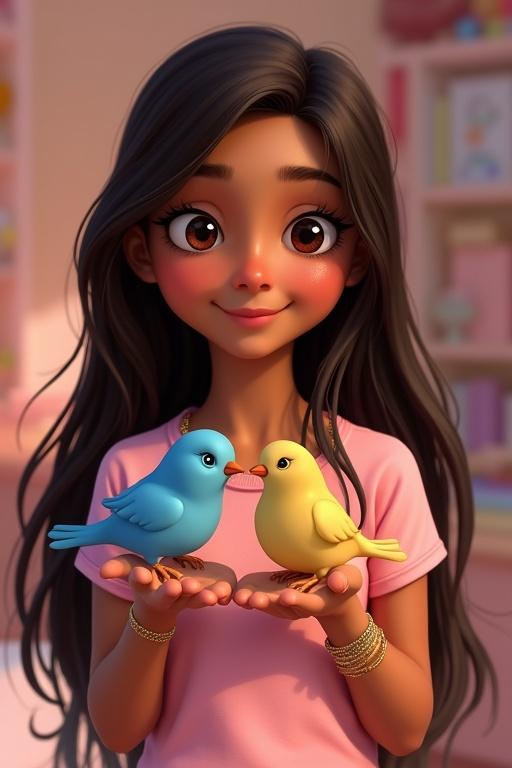 Indian and German girl with long dark brown hair holds blue and yellow birds in hands. The girl has light skin, light pink shirt, and a gold bracelet with the word Enam. The background shows a clean girl's room in a whimsical Disney style. The girl looks happy and joyful.