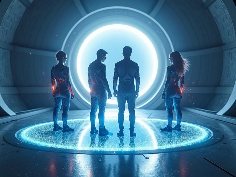 Three young males and two young females standing around a huge glowing white light above a deep pit. Sleek, smooth metallic sci-fi floor features a dark atmospheric style. Bright blue lens flare in the foreground. Tiny metallic dust nanoparticles attach to the people’s clothing. Energy particles form on their clothes and hair, blowing in the wind. Background shows a large, smooth silver alien UFO interior with nano textured walls. Shadows add depth to the scene.