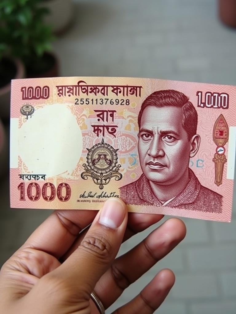 A hand holding a 1000 Taka banknote from Bangladesh. The currency has decorative elements and details that reflect local culture. The currency note is clearly visible, showcasing its unique design. The background is blurred to focus on the banknote.