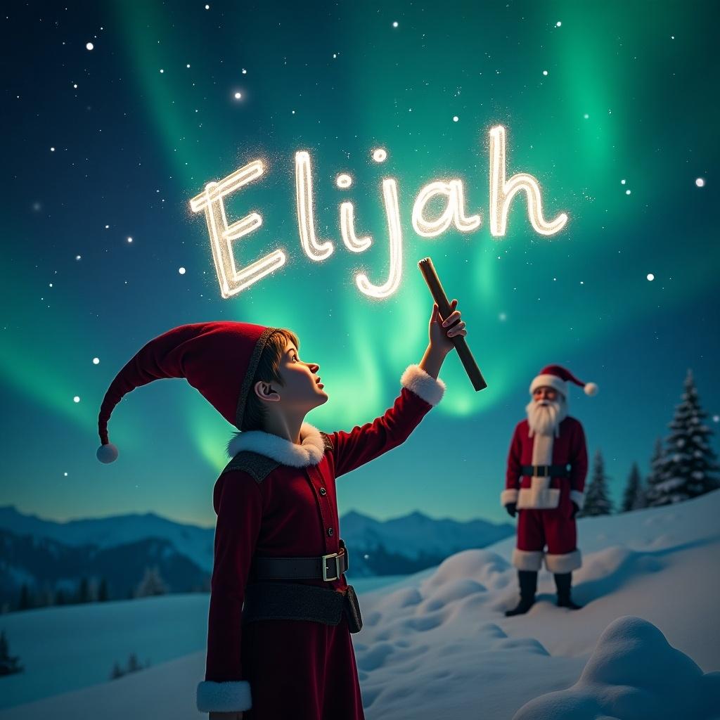 Elf writing name in glowing air. Northern lights illuminate sky. Santa watches from background. Name reads 'Elijah'.