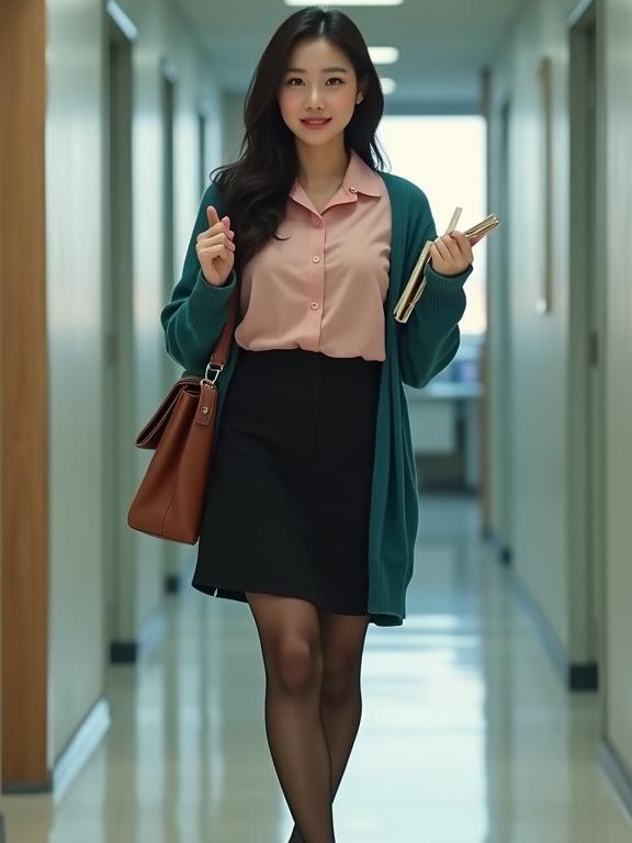 Full body image of young East Asian female agent in blush-pink blouse black knee-length skirt. Teal cardigan dark-brown pantyhose black ankle strap low pumps. Walking through corridor carrying intel files brown satchel. Cute plump face light makeup red lips smile of determination. Modern office setting soft lighting.