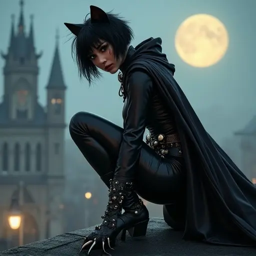 Crouching character on a rooftop under a full moon. Black leather catsuit with steampunk elements. Short black hair with stylish cut. Dynamic and agile pose. Mysterious atmosphere in a gothic cityscape at night.