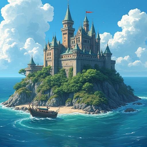Castle situated on a large island surrounded by ocean. Bright blue skies and green landscape are visible. A ship is docked on the sandy beach near the island.