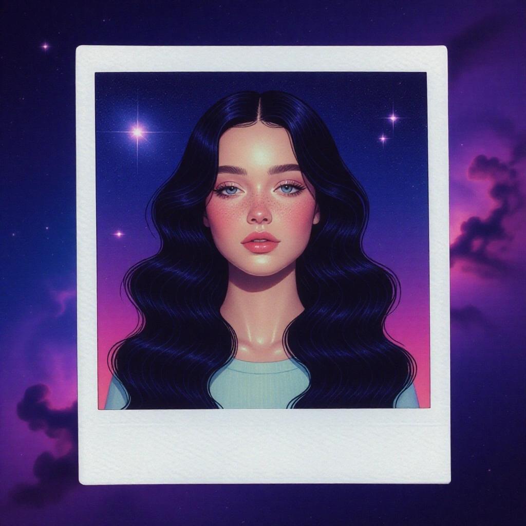 Photography polaroid of a young woman of otherworldly beauty with long black hair in voluminous waves. Set against a cosmic backdrop with stars and nebulae in purple, blue, and pink. Her serene expression and luminous skin evoke tranquility. She wears intricate crystal jewelry and a flowing gown that blends with the background.