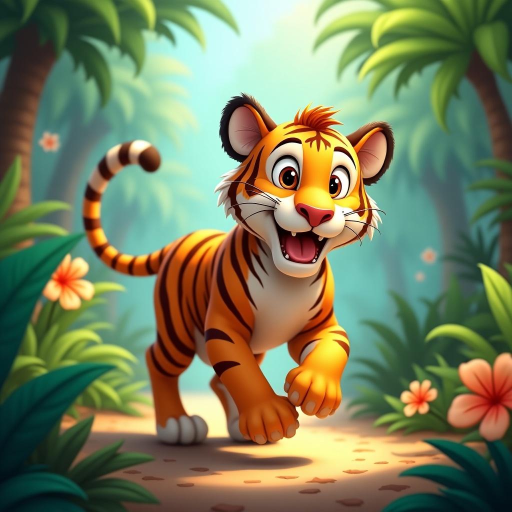 Animation of a tiger in a lush jungle environment. The tiger is playful and happy, running along a path. Surrounding foliage is vibrant and lush.