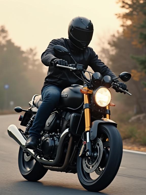 Image of a person riding a motorcycle on a road. The rider is dressed in a black jacket with a helmet. The scene is set in a natural environment with trees in the background and soft lighting.