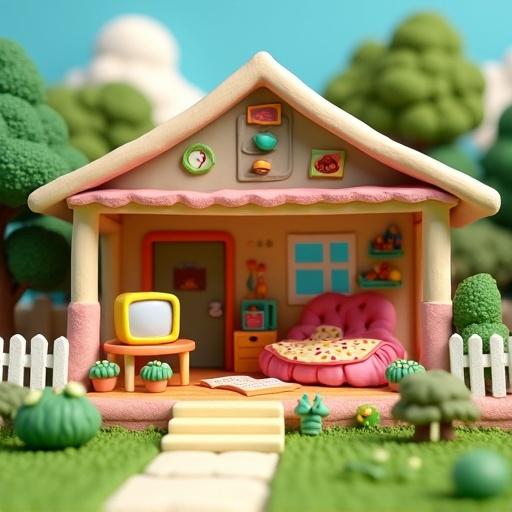 Cozy suburban home designed in claymation style. House features white picket fence and soft details. Inside has clay couches and a small retro TV. Kitchen is playful with exaggerated clay food. Bedroom has a lumpy clay bed and colorful posters. Overall vibe is playful and handcrafted.