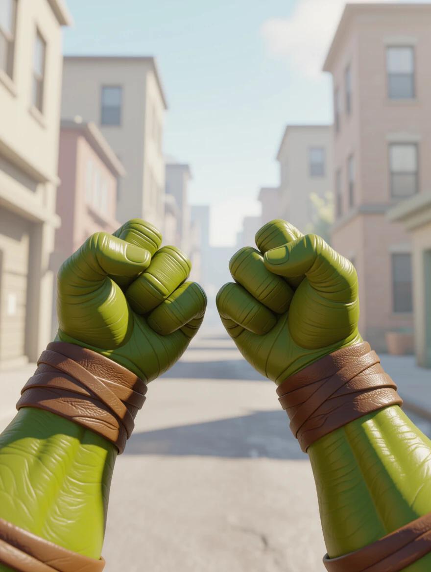 Depict a first-person view of a green Ninja Turtle's hands. Three-fingered hands are shown. Worn brown leather wristbands are wrapped around the wrists. Fingers appear to flex as if in surprise. Background features buildings in a street setting.