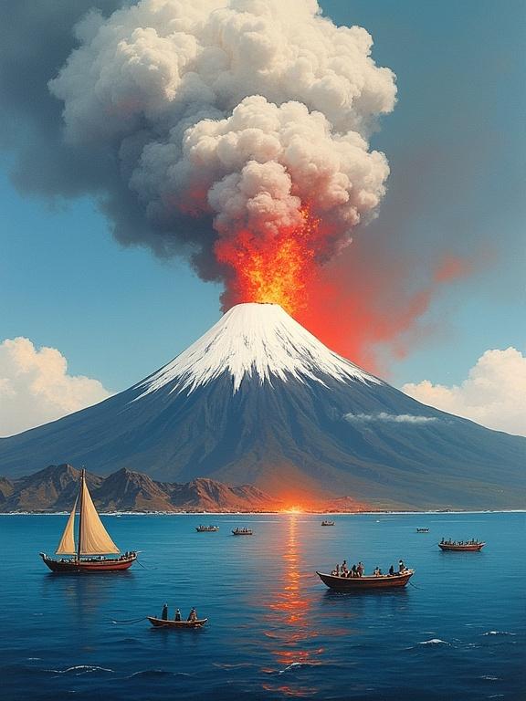 Dramatic depiction of a volcanic eruption from coast. Massive ash cloud from snow-capped volcano. Vibrant colors radiate outward. White landscape, dark volcanic peaks, tranquil azure sea. White volcano is the focal point. Traditional-style fishing boats in calm water near shore. Painterly style resembling ukiyo-e with bold lines. Strong contrast between fire, water, and snow. Expert use of light and shadow shows eruption's energy. Detailed volcanic ash obstructs sky, leaving deep blue water visible. Realistic boats and people create contrast with landscape. Atmospheric perspective with towering volcano. Detailed ocean surface and waves. Textural impasto brushstrokes.