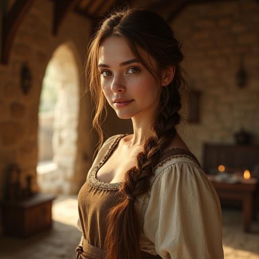 Beautiful young woman in medieval fantasy world. Warm brown eyes and gentle smile. Loose braid and soft hair framing her face. Modest dress in earthly tones. Standing in rustic stone cottage. Soft sunlight creating warm atmosphere.