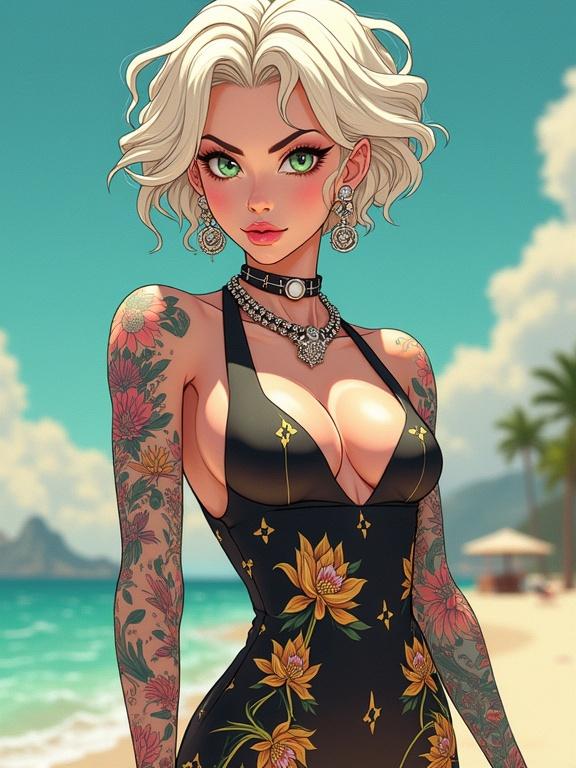 Anime character woman with emerald green eyes wearing a stylish dress with a beach background. Tattoos and jewelry enhance the futuristic look. Elegant pose suitable for magazine cover.