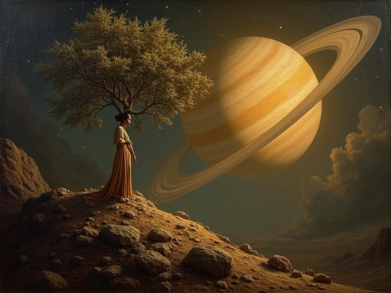 An oil painting in 17th-century style depicts a woman with a tree-like appearance on a rocky asteroid. Saturn's rings fill the dramatic sky. The lighting is characterized by chiaroscuro, employing sharp contrasts. The artwork's composition reflects classical balance with rich textures and a baroque masterpiece feel. Elements include a golden glow, oil on canvas texture, and muted colors with highlights.