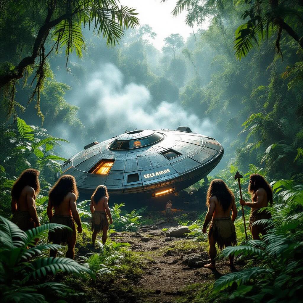 Photograph of a metallic saucer-shaped spacecraft crashed in a lush prehistoric jungle. Neanderthal figures in animal hides look at the object. Surrounding vines and ferns are evident. Sunlight filters through the canopy. A haze adds mystery to the scene.