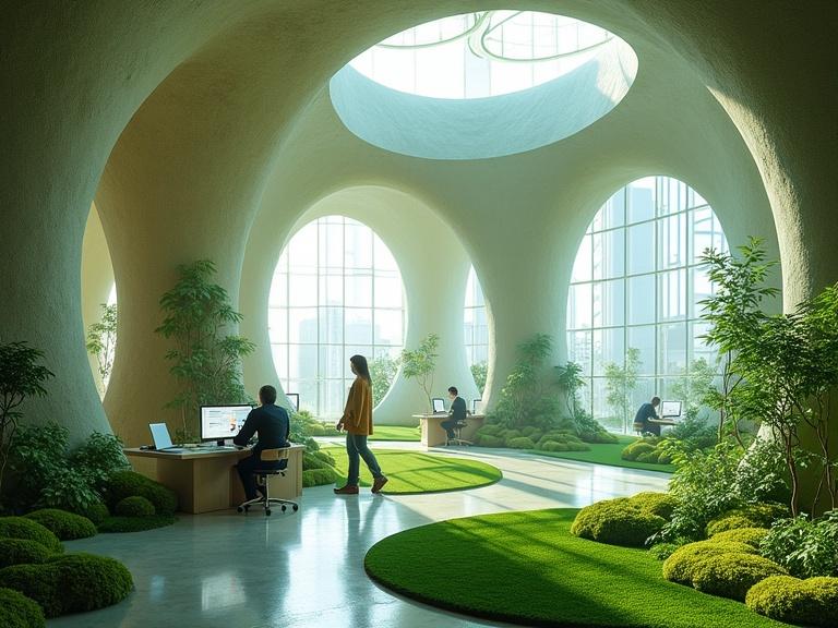 Interior of a corporate biotech building. Living moss covers the floor. Organic furniture adapts to the environment. Walls are translucent made from bacterial cellulose. Light filters through photosynthetic ceiling. Humans work next to AI shaped like vines. Mood lighting adapts to atmosphere. High detail and ethereal atmosphere.