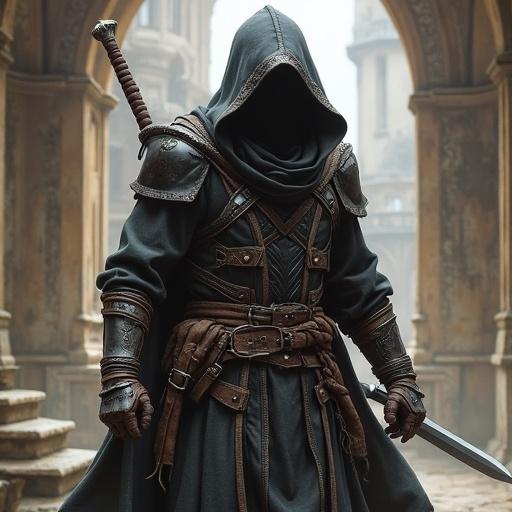 Cloaked rogue character in a fantasy setting. Dark attire with detailed armor, holding a sword. Ancient architecture in the background. Mysterious atmosphere.