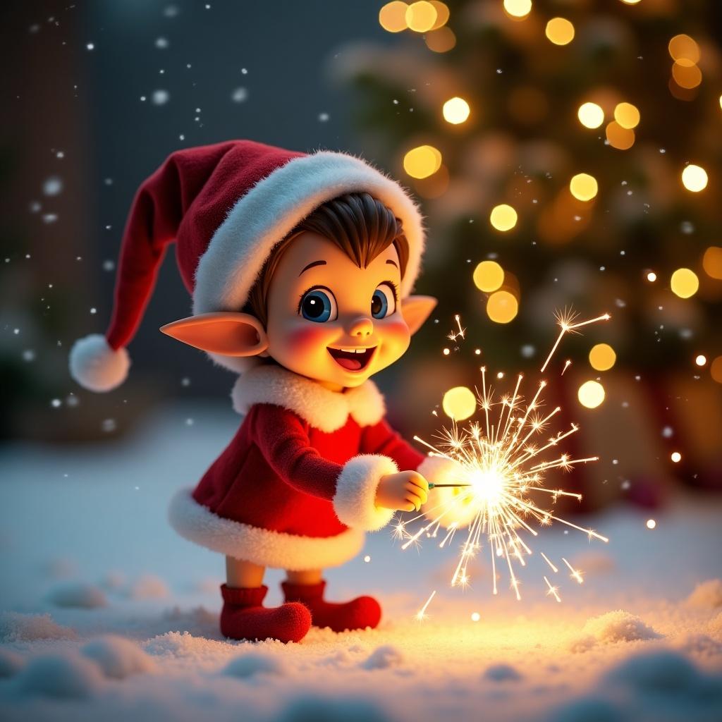 Charming Christmas elf named Jiffy joyfully creating glowing name with sparkler. Cozy setting with Christmas tree and lights in background. Elf has bright features, festive red outfit, cheerful expression. Soft white snow on ground enhancing magical atmosphere. Flickers of light around creating whimsical holiday scene.